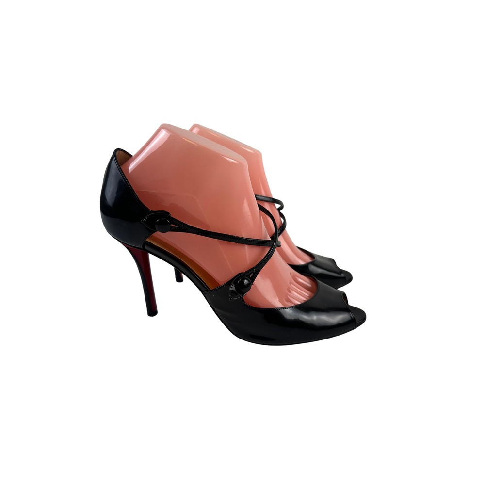 Christian Louboutin Debriditoe Peep Toe Heels Black Patent Leather Stiletto 39